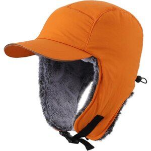 Men Orange Winter Trapper Hat Faux Fur Earflaps with Reflective Brim